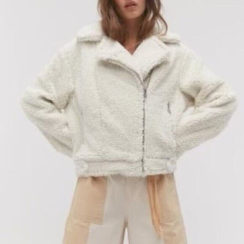 Urban Outfitters Claro Teddy Jacket Womens L Off White Sherpa Moto Cozy Winter